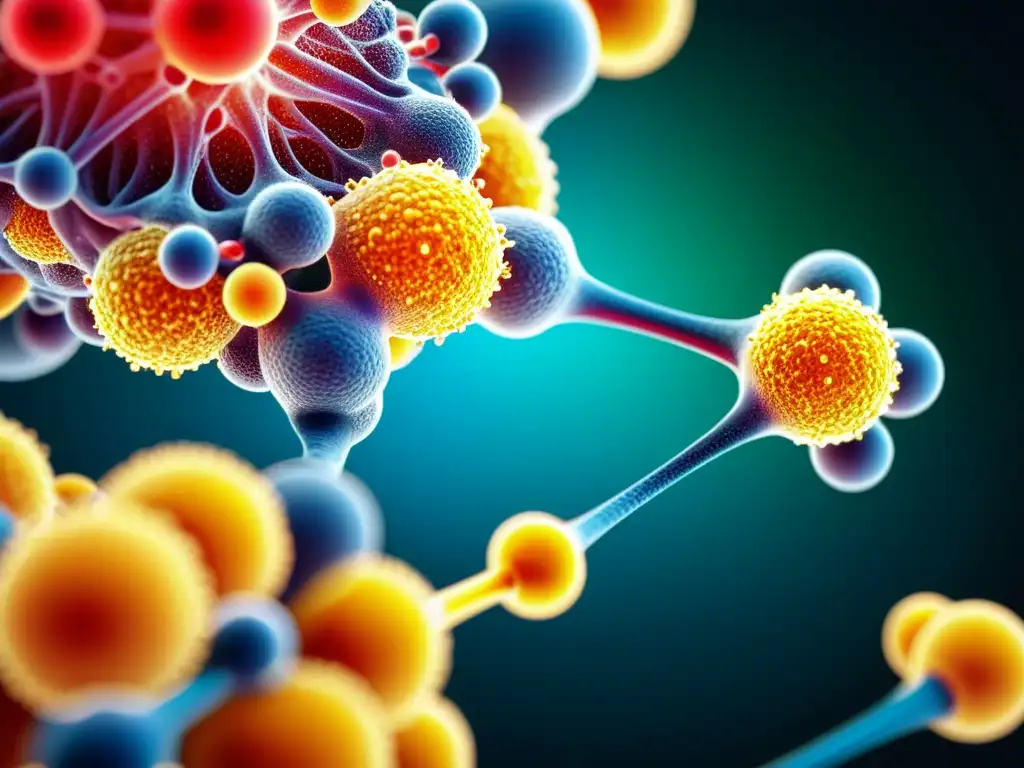 Imagen detallada del impacto del cortisol en inmunidad, mostrando la interacción molecular con células del sistema inmune en vibrantes colores