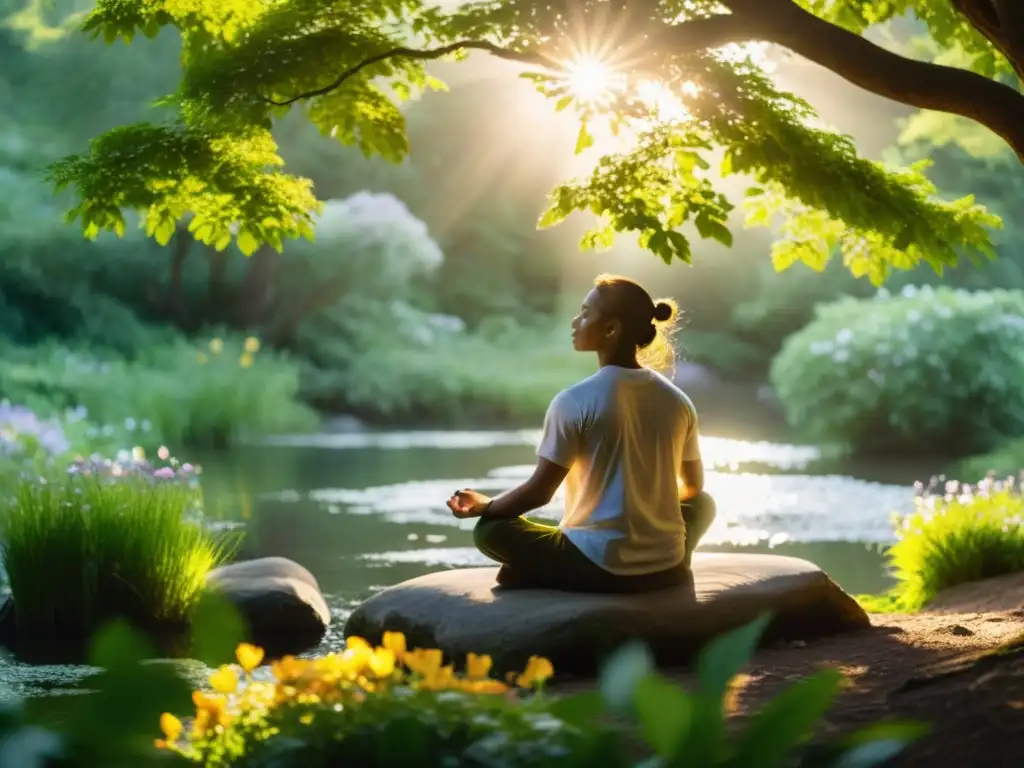 Meditación en la Naturaleza: Serenidad Dorada Imagen detallada de meditación para reducir inflamación corporal en entorno natural sereno y relajante, con luz dorada entre árboles