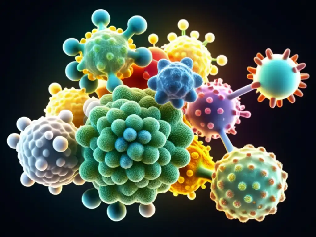 Imagen detallada de inmunoglobulinas, mostrando su estructura molecular y diversidad funcional en colores vibrantes