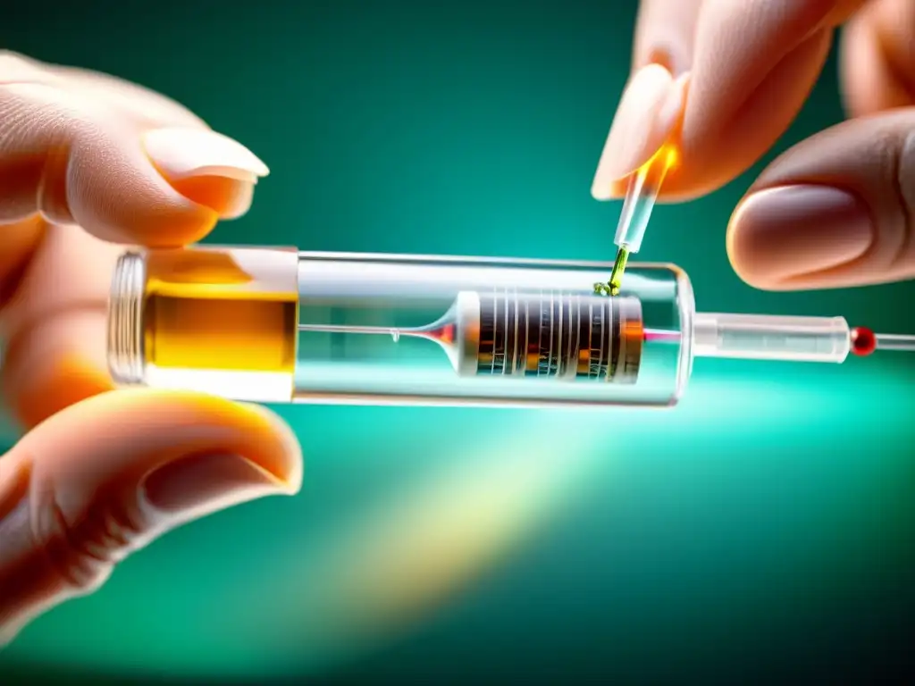 Una imagen detallada muestra una jeringa inyectando medicación biológica en un vial, resaltando la terapia biológica para artritis reumatoide