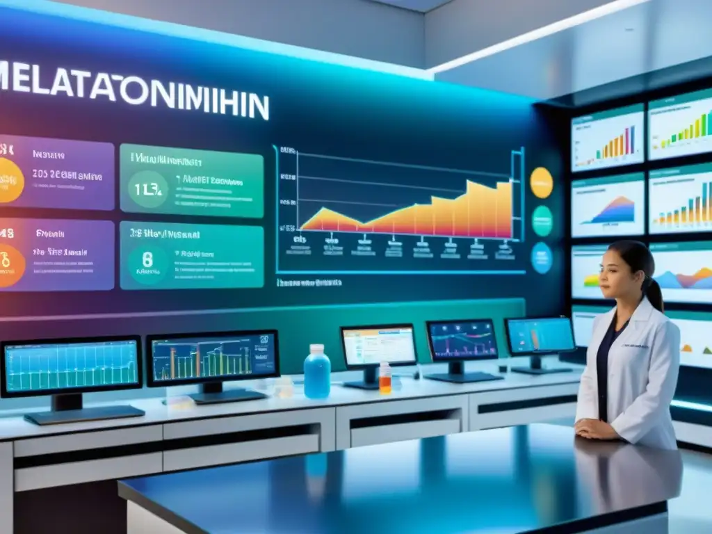 Estudio científico: Melatonina y el sistema inmunológico Imagen detallada de laboratorio con científicos investigando beneficios de melatonina en sistema inmune, gráficos coloridos