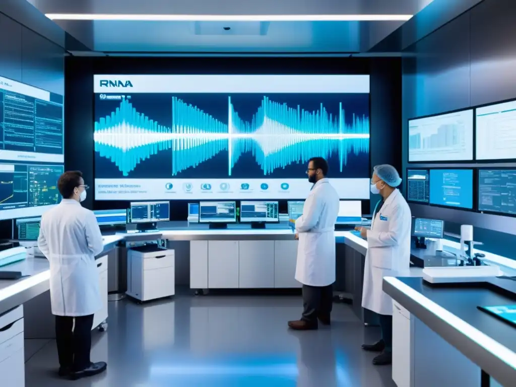 Innovación en Vacunas: Laboratorio con Tecnología de ARNm Imagen detallada de un laboratorio con científicos y tecnología ARNm vacunas historia, destacando la innovación y progreso científico