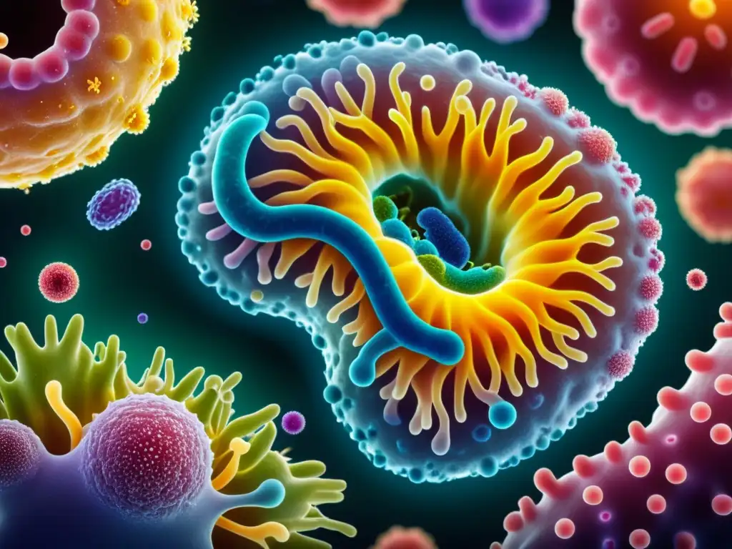 Microbioma intestinal saludable: diversidad y vitalidad Imagen detallada de un microbioma intestinal saludable, con diversidad de bacterias y microorganismos en un ambiente vibrante y exuberante