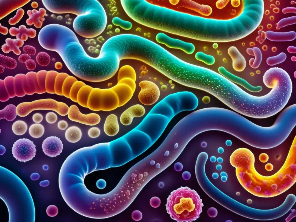 Microbiota intestinal: un ecosistema colorido y dinámico Una imagen detallada de la microbiota intestinal humana, mostrando la compleja red de bacterias y microorganismos