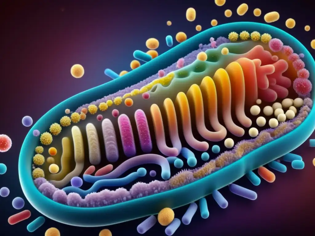 Ecosistema microbiano del intestino humano: Interacción inmunológica Imagen 8k detallada de la microbiota del intestino con diversidad de bacterias y células inmunes, ilustrando el impacto de la microbiota desequilibrada en el sistema inmune