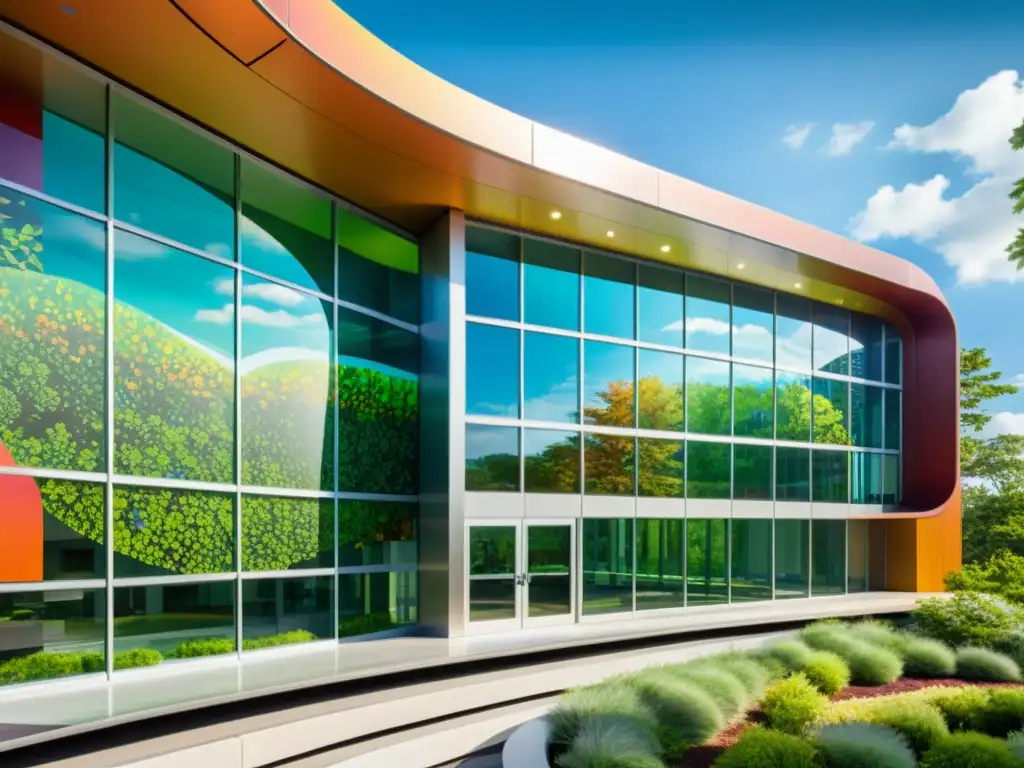 Centro médico futurista con mural inmersivo Imagen detallada de un moderno centro médico con arquitectura futurista, reflejando serenidad y vitalidad
