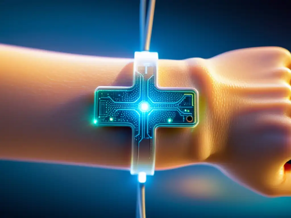 Parche de piel transparente con tecnología microscópica Una imagen detallada de un parche transparente con sensores microscópicos y circuitos, adherido al antebrazo