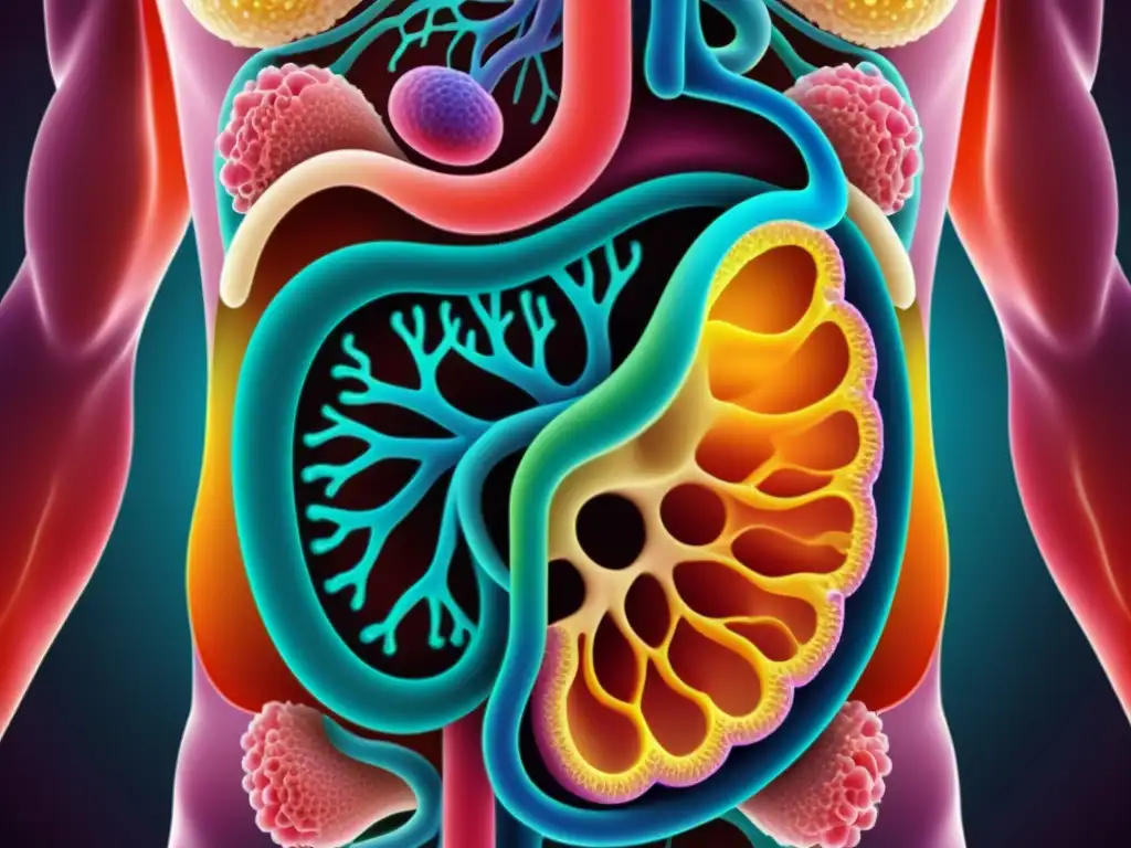Salud intestinal: probióticos y prebióticos en armonía Imagen detallada del sistema digestivo humano, resaltando la armoniosa interacción entre probióticos y prebióticos para promover la salud intestinal