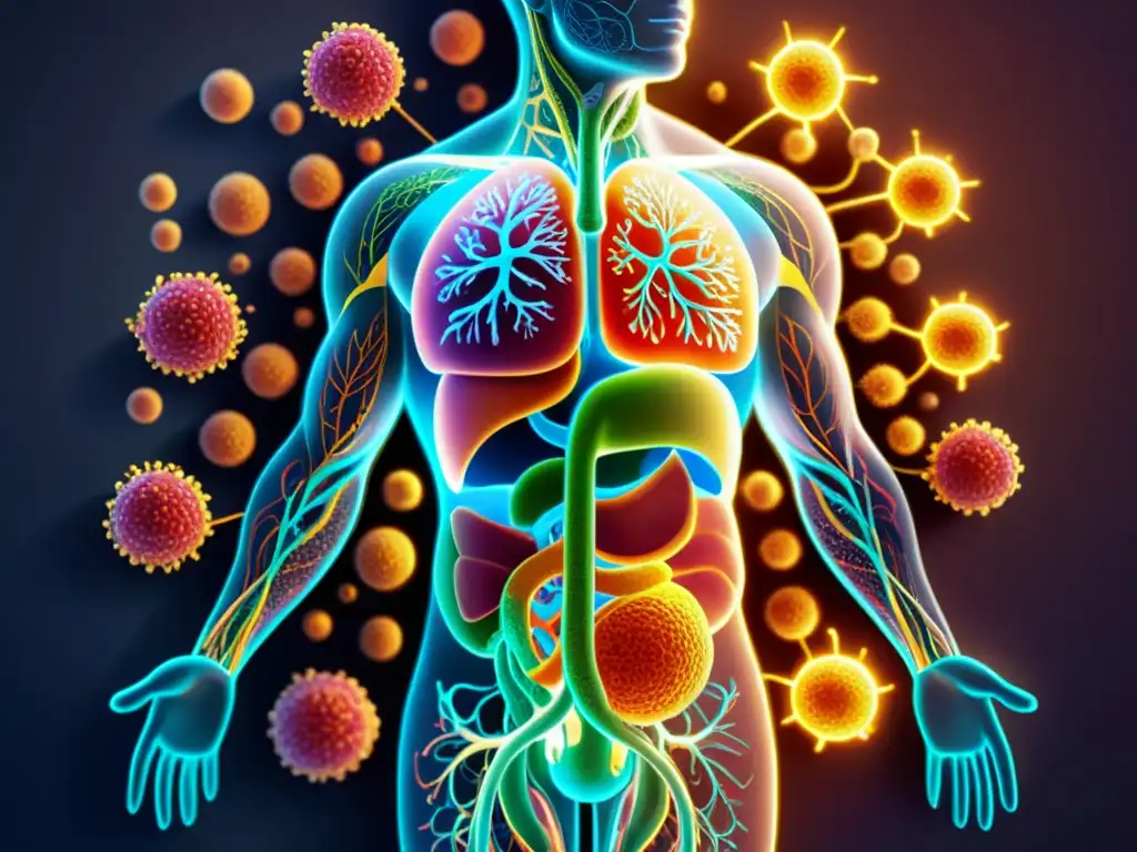 Ilustración impactante del sistema inmunológico humano Imagen detallada del sistema inmunológico humano con líneas brillantes que resaltan la complejidad y fortaleza del cuerpo