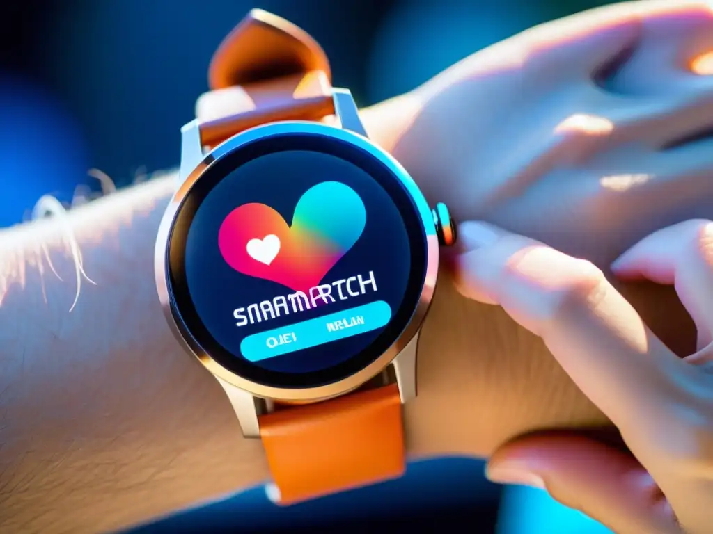 Smartwatch de Salud Avanzada: Monitoreo Vital Una imagen 8k detallada de un smartwatch moderno con pantalla OLED vibrante mostrando métricas de salud, en un fondo futurista