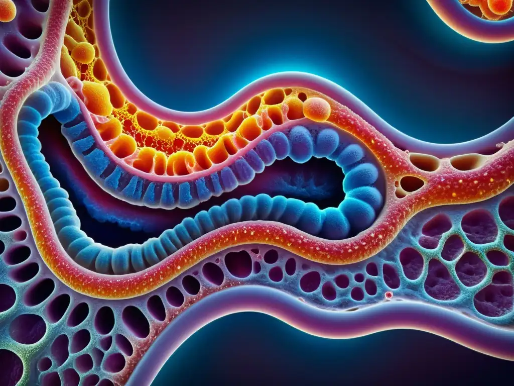 Imagen detallada de tejido intestinal humano sano resaltando la importancia del sistema inmunológico en enfermedades autoinmunes