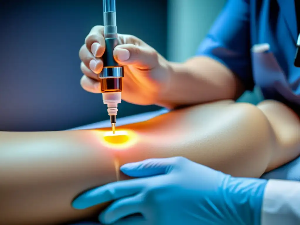Una imagen detallada muestra la aplicación de terapia biológica para artritis reumatoide, destacando precisión y cuidado médico
