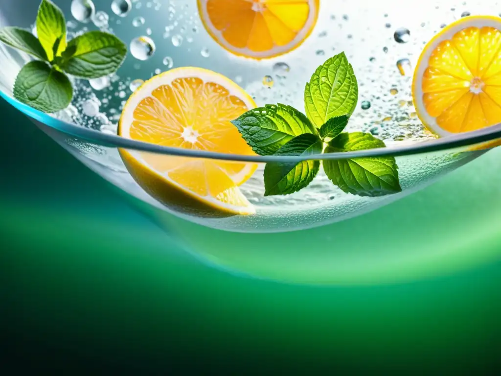 Refrescante vaso de agua con cítricos y menta Una imagen detallada de un vaso de agua fría con frutas cítricas y menta