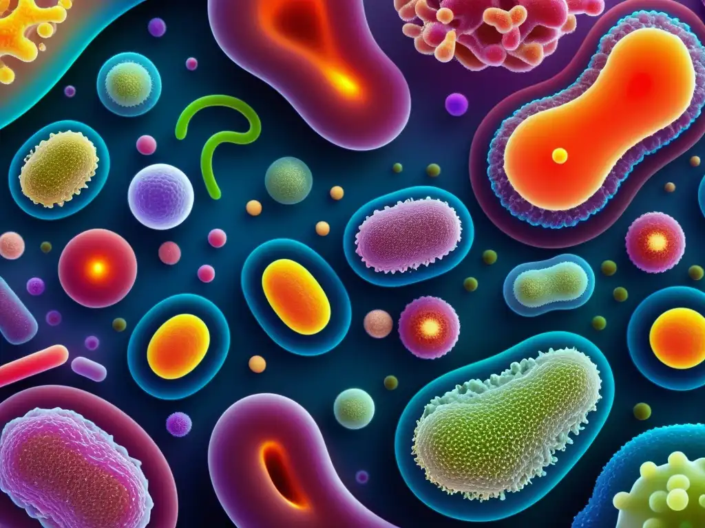 Microbiota diversa en simbiosis: vitalidad y armonía Una imagen detallada muestra una vibrante y diversa comunidad de bacterias intestinales saludables, resaltando la vitalidad y la simbiosis