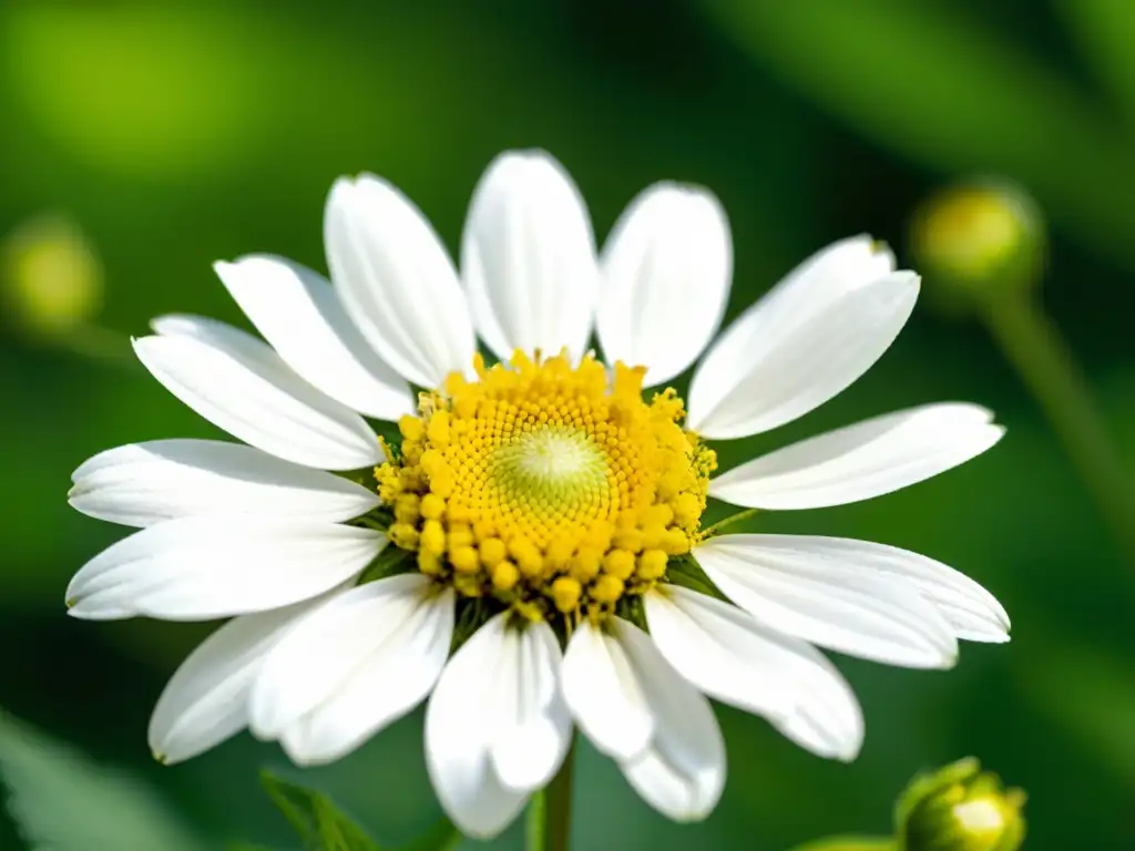 Chamomile: Detalles vibrantes del capítulo floral Una imagen detallada y vibrante de una flor de manzanilla, resaltando su belleza natural