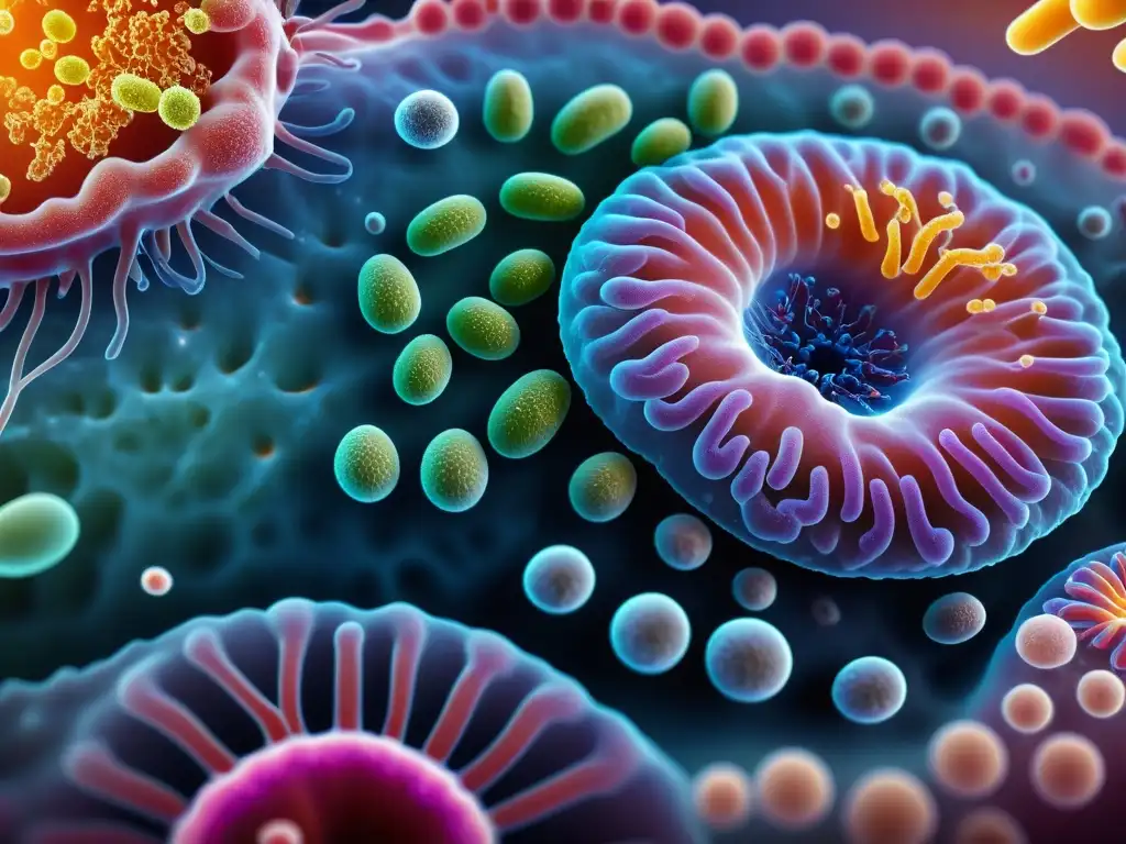 Microbiota intestinal: Ecosistema vibrante en 8k Una imagen detallada y vibrante de la microbiota intestinal humana, resaltando la diversidad de bacterias y microorganismos
