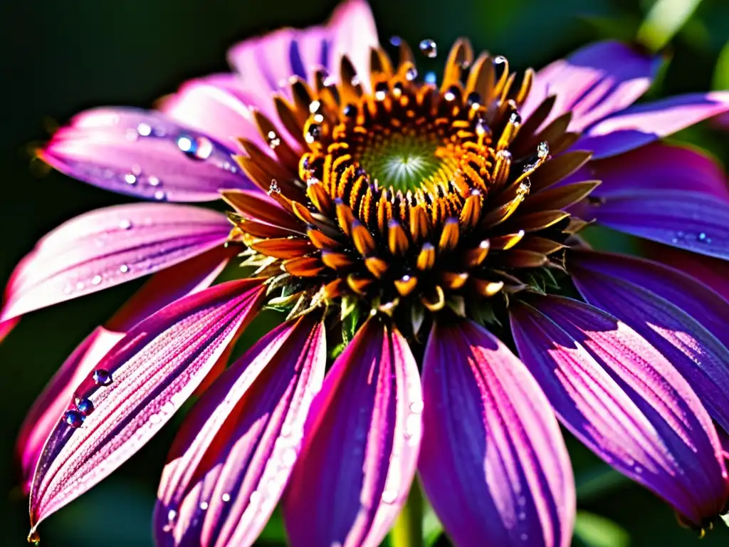 Detalles vívidos de una equinácea púrpura con rocío, conexión natural Una imagen detallada de una vibrante equinácea morada con gotas de rocío en sus pétalos, resaltando su belleza natural