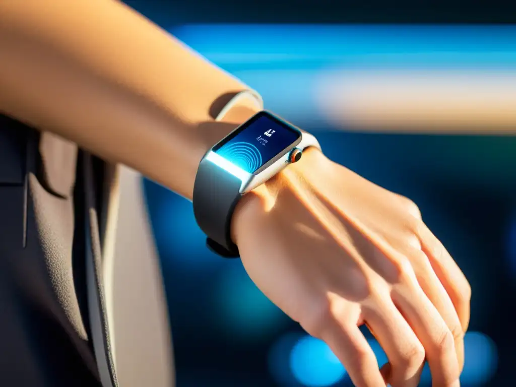 Innovación tecnológica para el bienestar inmunológico Imagen de dispositivo futurista en la muñeca que mide el impacto del estrés en inmunidad, en entorno tecnológico innovador y relajante