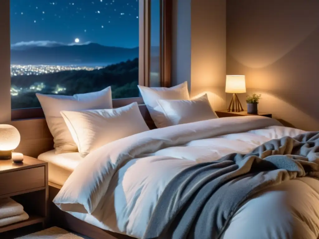 Dormitorio sereno: sueño reparador bajo la luna Imagen de dormitorio sereno en la noche, con luz lunar suave entrando por la ventana