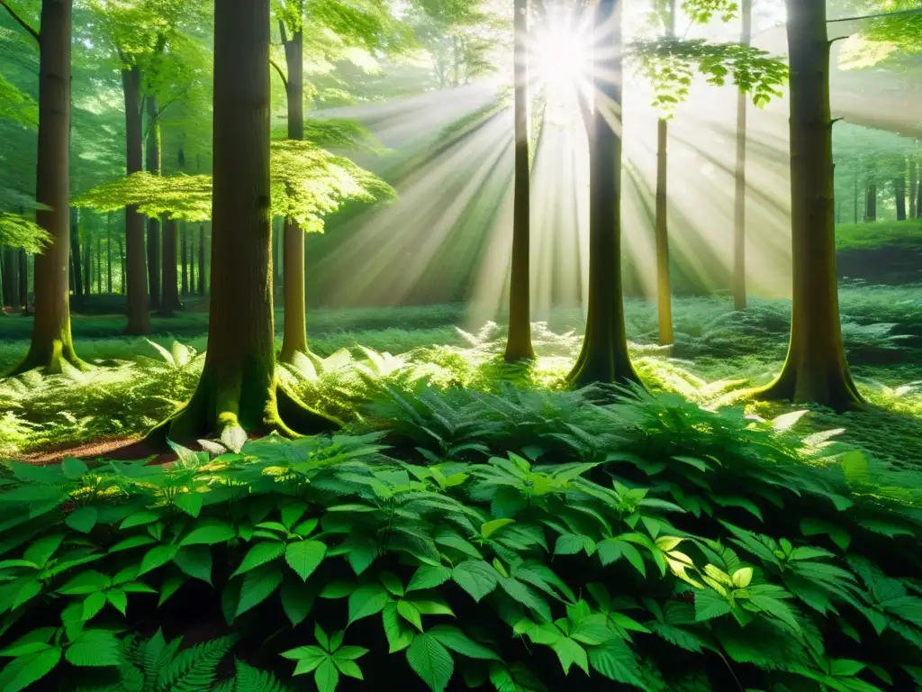 Bosque sereno: naturaleza exuberante y tranquilidad Imagen de un exuberante bosque verde con luz filtrada, transmitiendo calma