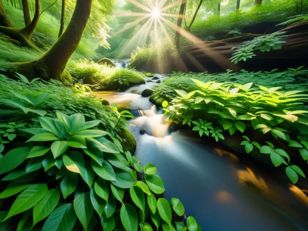 Bosque verde sereno en 8K: naturaleza exuberante y tranquilidad Imagen de un exuberante bosque verde con rayos de sol filtrándose a través del dosel, reflejando en un arroyo cristalino