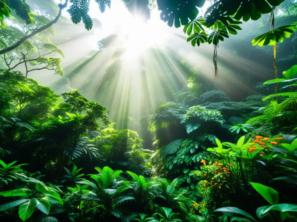 Selva exuberante: diversidad y belleza natural Imagen de un exuberante y diverso bosque lluvioso, con vida silvestre y follaje vibrante
