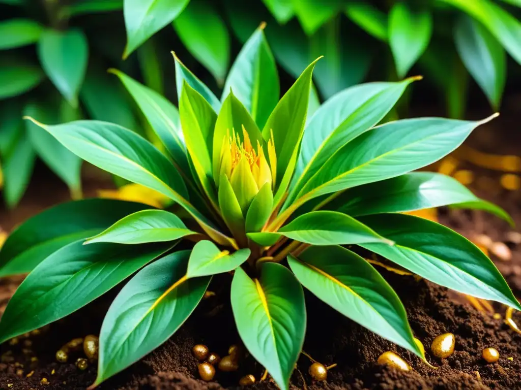 Esplendor verde: Raíces de jengibre en la luz del sol Imagen de una exuberante planta de jengibre con raíces y hojas vibrantes, bañada por la luz solar