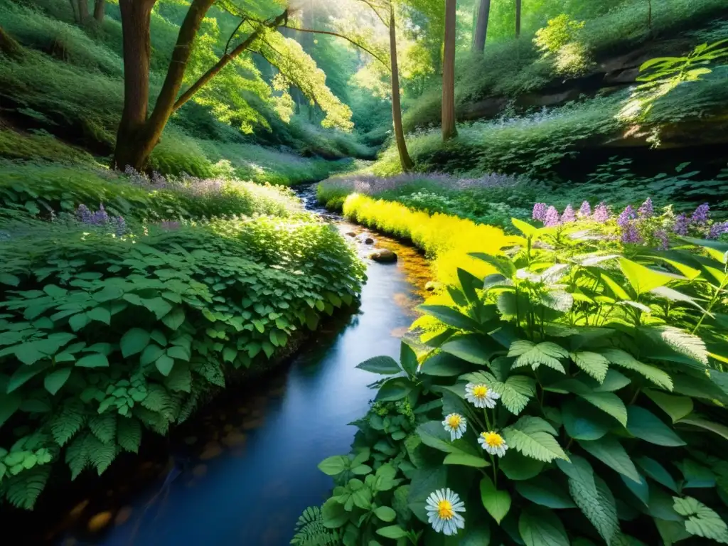 Bosque exuberante: detalle asombroso y serenidad natural Imagen de un exuberante y sereno bosque verde con luz solar filtrándose a través de las hojas, creando sombras moteadas en el suelo