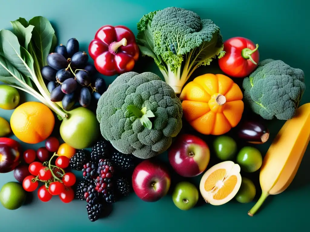 Exuberante variedad de frutas y verduras: una oda visual a la salud Imagen de frutas y verduras vibrantes, frescas y saludables, ideal como suplementos para fortalecer sistema inmunológico