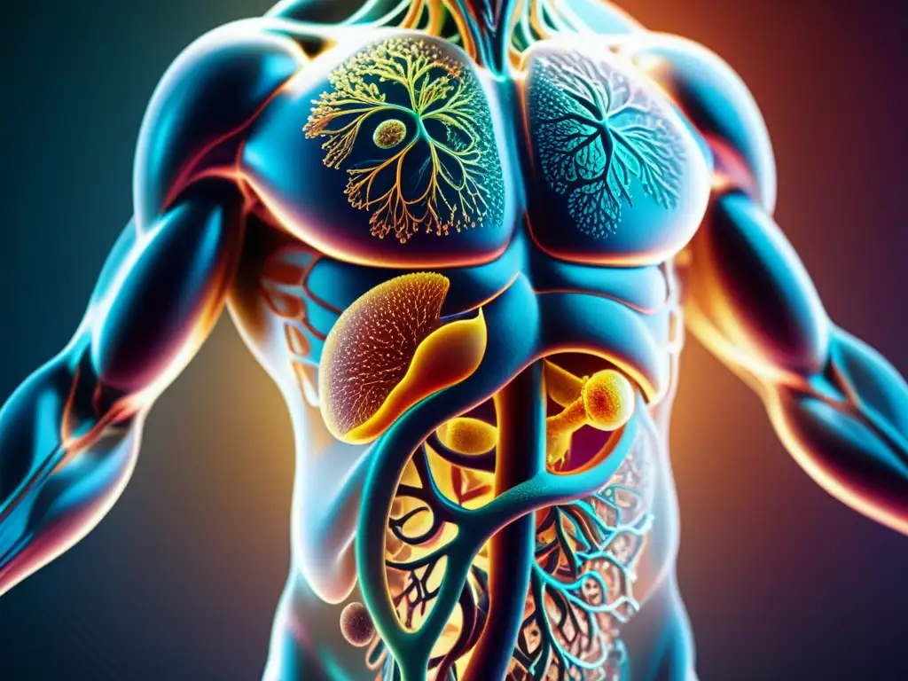 Imagen 8k futurista del cuerpo humano con sistema inmunológico en detalle, resaltando la importancia del sistema inmunológico humano