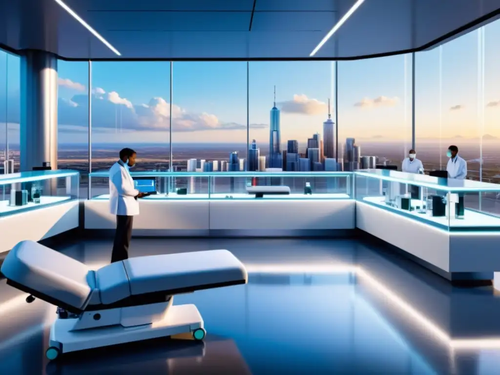 Vacunación futurista en centro médico de vanguardia Imagen futurista de vacunación en instalación médica avanzada, resaltando la importancia de las vacunas en el sistema inmunológico global