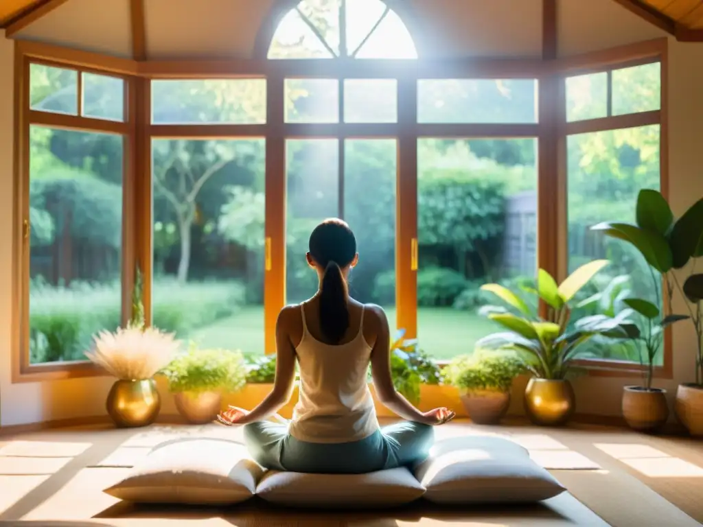 Imagen de una habitación serena iluminada por el sol, con una persona meditando para fortalecer sistema inmunológico