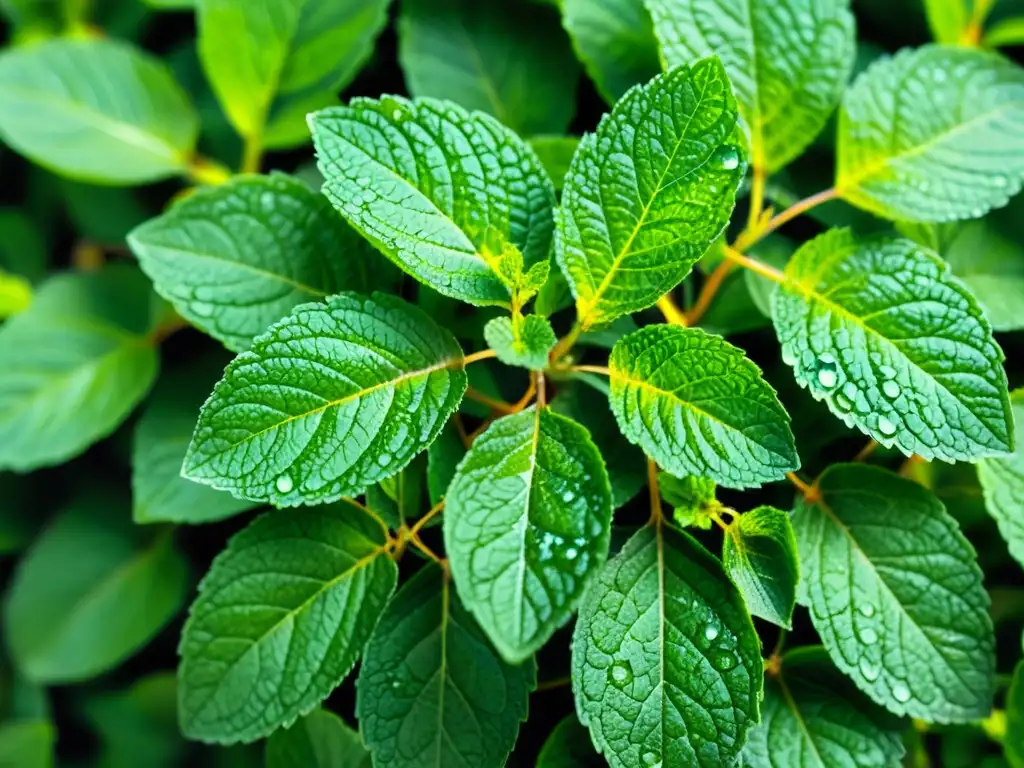 Menta fresca: vitalidad y salud natural Imagen de hojas frescas de menta con gotas de agua, resaltando sus venas y texturas