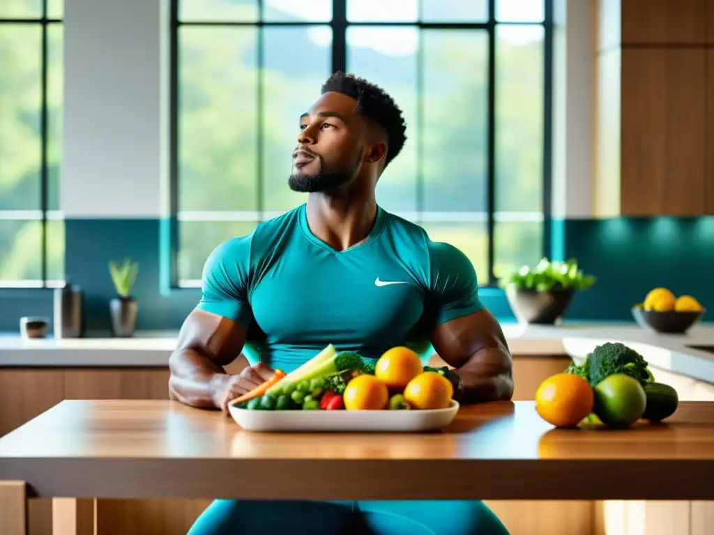 Atleta profesional disfruta comida saludable para sistema inmune Imagen impactante de un atleta disfrutando una comida equilibrada y colorida, clave para nutrición deportiva y sistema inmune