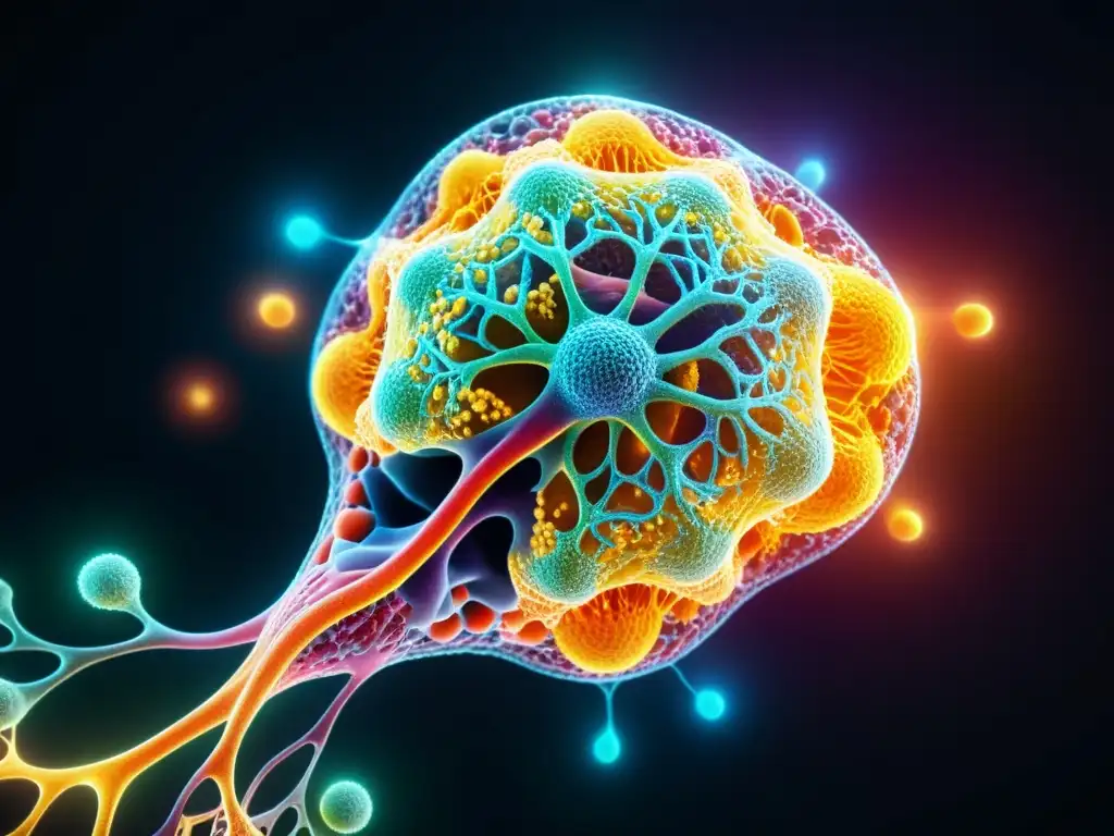 Microscópica célula inmune: detallada y pulsante Imagen impactante de una célula del sistema inmune con mitocondrias pulsantes y estructuras proteicas, en un fondo futurista con redes neuronales brillantes