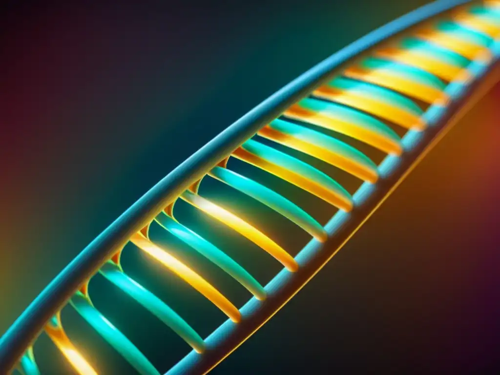 Esplendor genético: Detalle vibrante de la doble hélice del ADN Una imagen impactante de una estructura de doble hélice de ADN, con hebras brillantes y vibrantes retorciéndose e entrelazándose en detalle exquisito