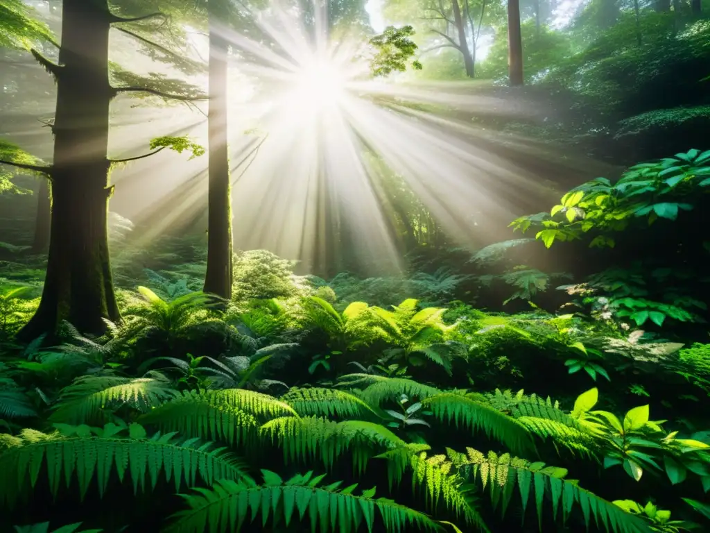 Bosque exuberante: fauna y flora detallada en alta definición Imagen impactante de un exuberante bosque, repleto de vida y con patrones de luz y sombra creados por los rayos del sol