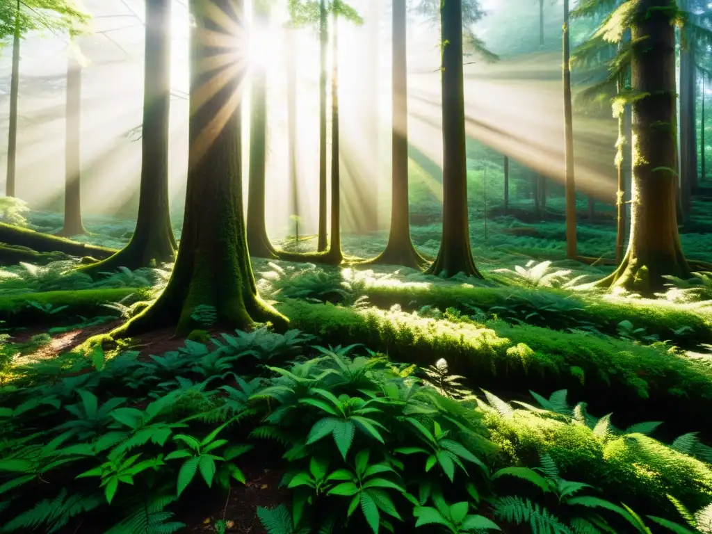 Bosque exuberante: Barreras naturales contra enfermedades Imagen impactante de un frondoso bosque con luz solar filtrándose entre las copas de los árboles