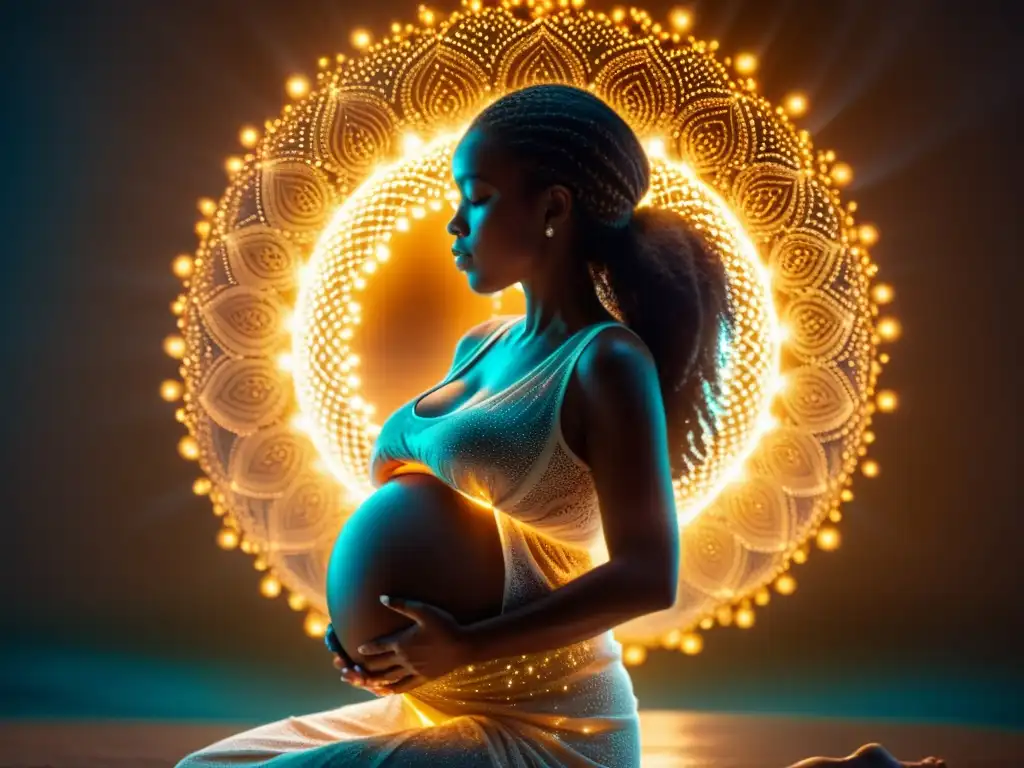 Embarazo radiante: Cuidado inmunológico para una gestación saludable Imagen impactante de una mujer embarazada rodeada de un aura brillante, simbolizando la importancia de los cuidados inmunológicos durante el embarazo