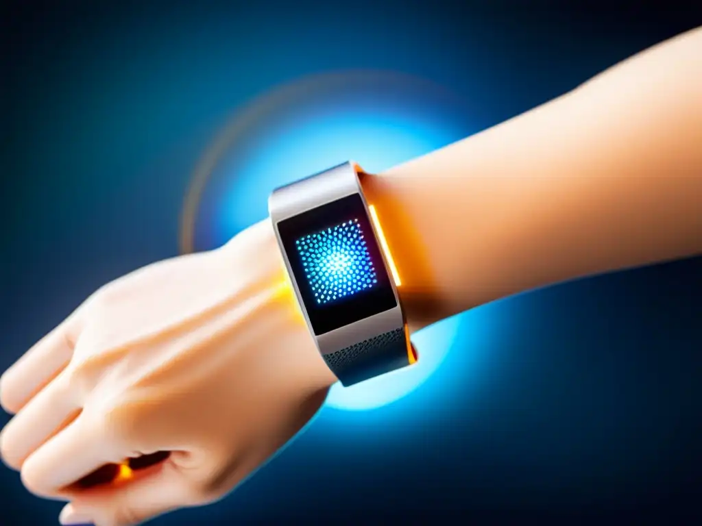 Bracelet inteligente de diseño futurista en muñeca iluminada Una imagen impactante de una muñeca con una pulsera inteligente de diseño elegante e iluminada