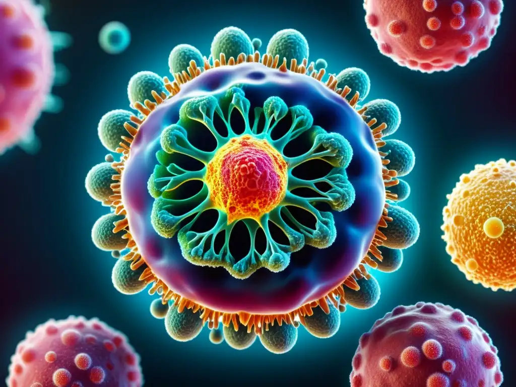 Microscópica célula inmune rodeada de anticuerpos Una imagen impactante de un sistema inmunológico vibrante y saludable, con células y anticuerpos detallados, mostrando su compleja naturaleza