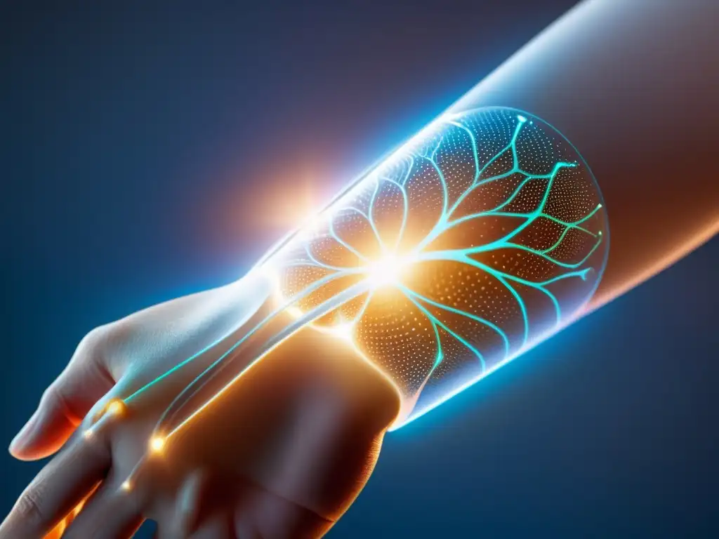 Implante futurista: Tecnología y sistema inmune en armonía Imagen 8k de un implante wearable futurista en el antebrazo, con piel translúcida revelando microsensores y biometría