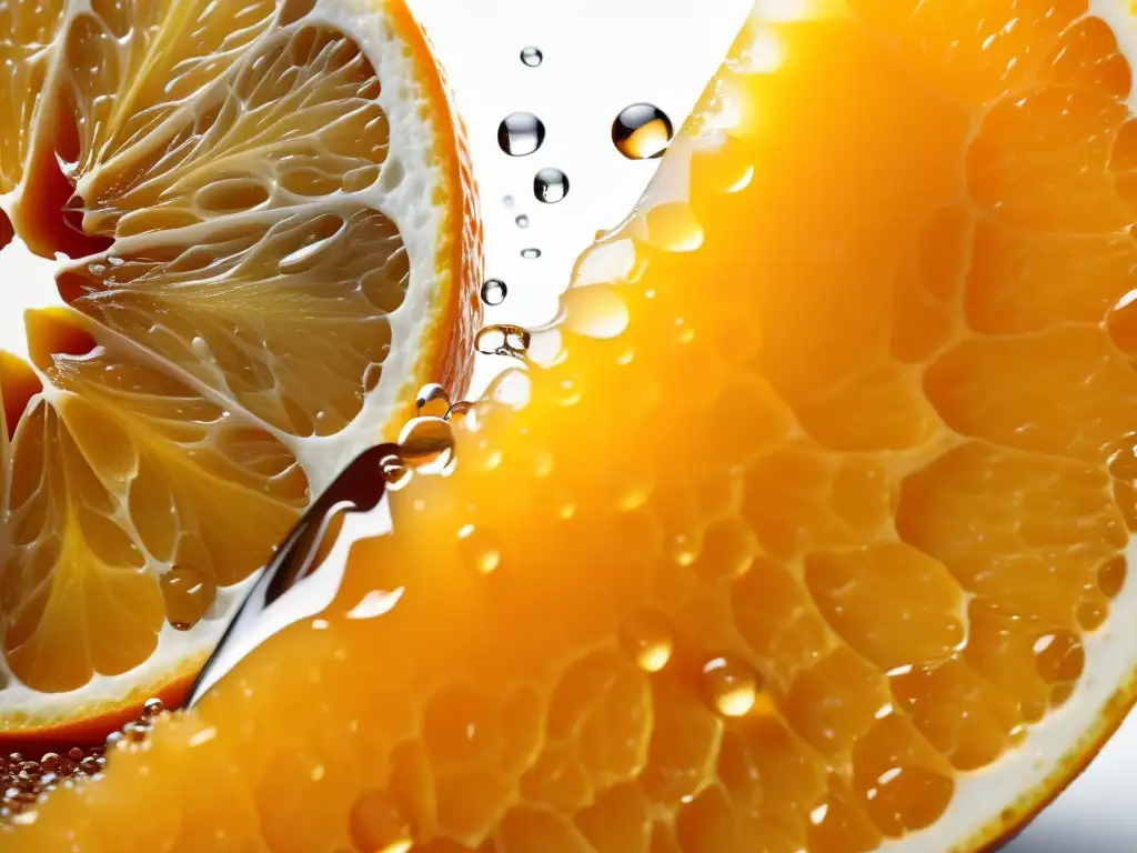 Explotando la frescura: Corte detallado de una naranja jugosa Imagen de una jugosa naranja siendo cortada, mostrando su interior vibrante y fresco