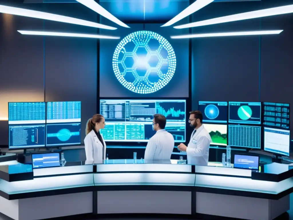 Imagen de un laboratorio futurista con científicos trabajando en equipo y utilizando equipo de edición genética avanzada