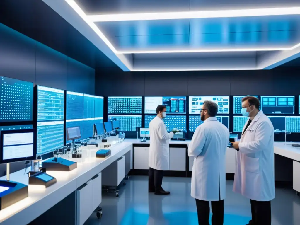 Imagen 8k de laboratorio futurista con científicos desarrollando nuevas vacunas para inmunidad colectiva, reflejando innovación en inmunología