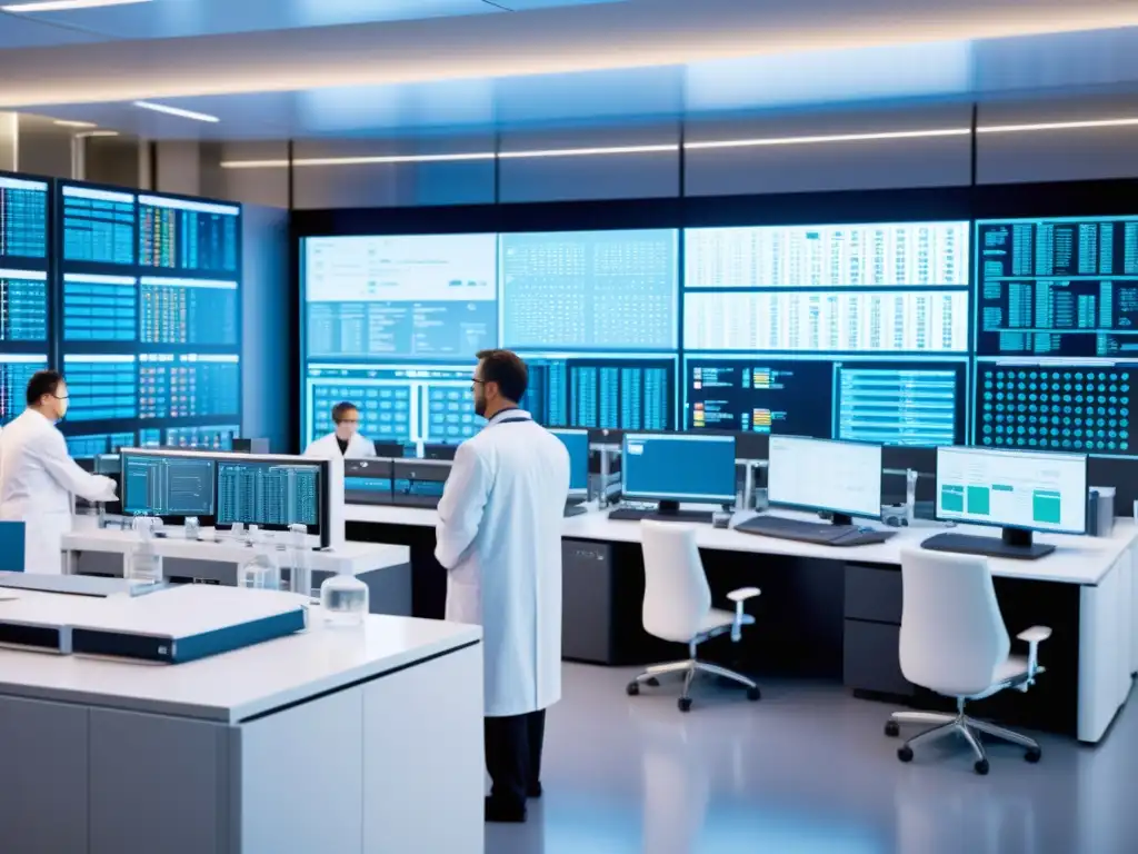 Avanzado laboratorio de genómica e inmunología con IA Imagen de laboratorio futurista donde científicos y IA colaboran en comprensión de genómica y sistema inmunológico