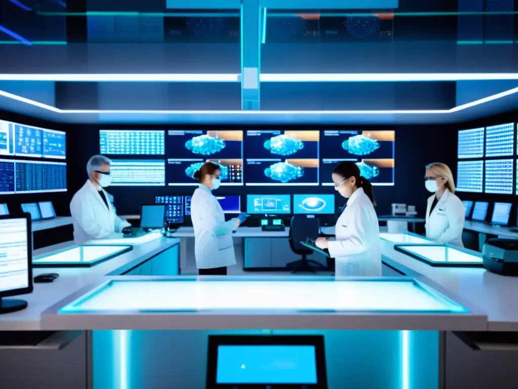 Avanzada investigación genética para la mejora inmunológica Imagen de laboratorio futurista con científicos en batas blancas, trabajando con tecnología avanzada de edición genética, rodeados de pantallas brillantes mostrando secuencias genéticas y datos inmunológicos