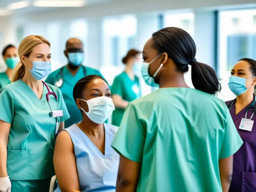 Vacunación en centro médico moderno: seguridad y diversidad Imagen de una instalación médica moderna con personas diversas, vacunándose