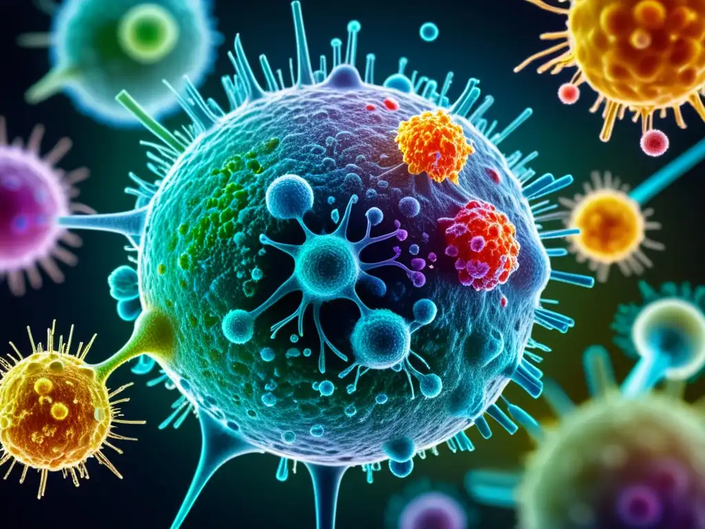Interacción vibrante de células inmunes Imagen de microscopio mostrando células inmunes interactuando, con colores vibrantes resaltando tipos celulares