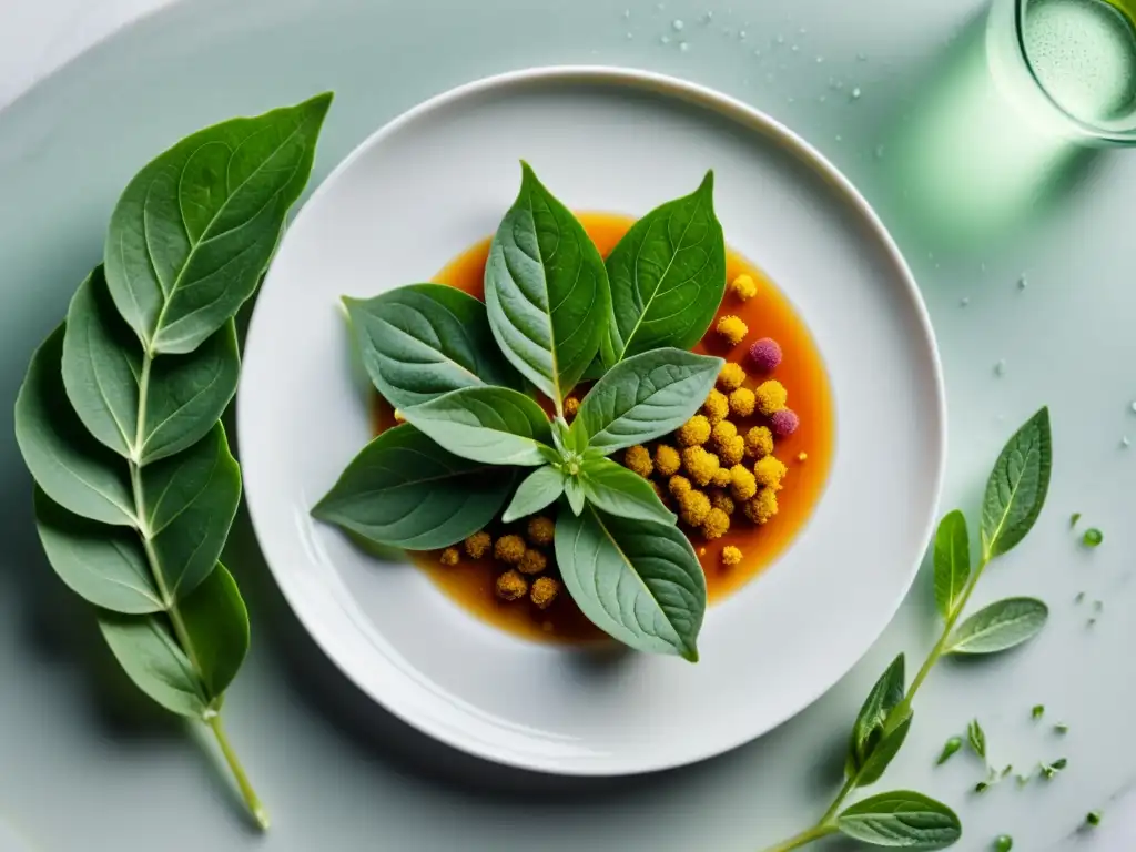 Una imagen moderna y cautivadora de hierbas adaptógenas frescas en un elegante plato blanco, resaltando los beneficios para el sistema inmune